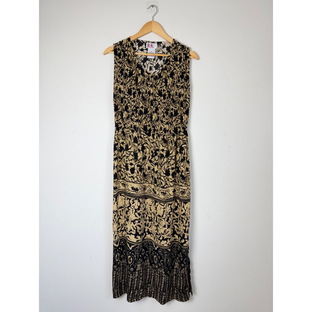 R&K Maxi Dress 12 Tan Black Batik Smocked Side Split Boho Art Teacher Earthy